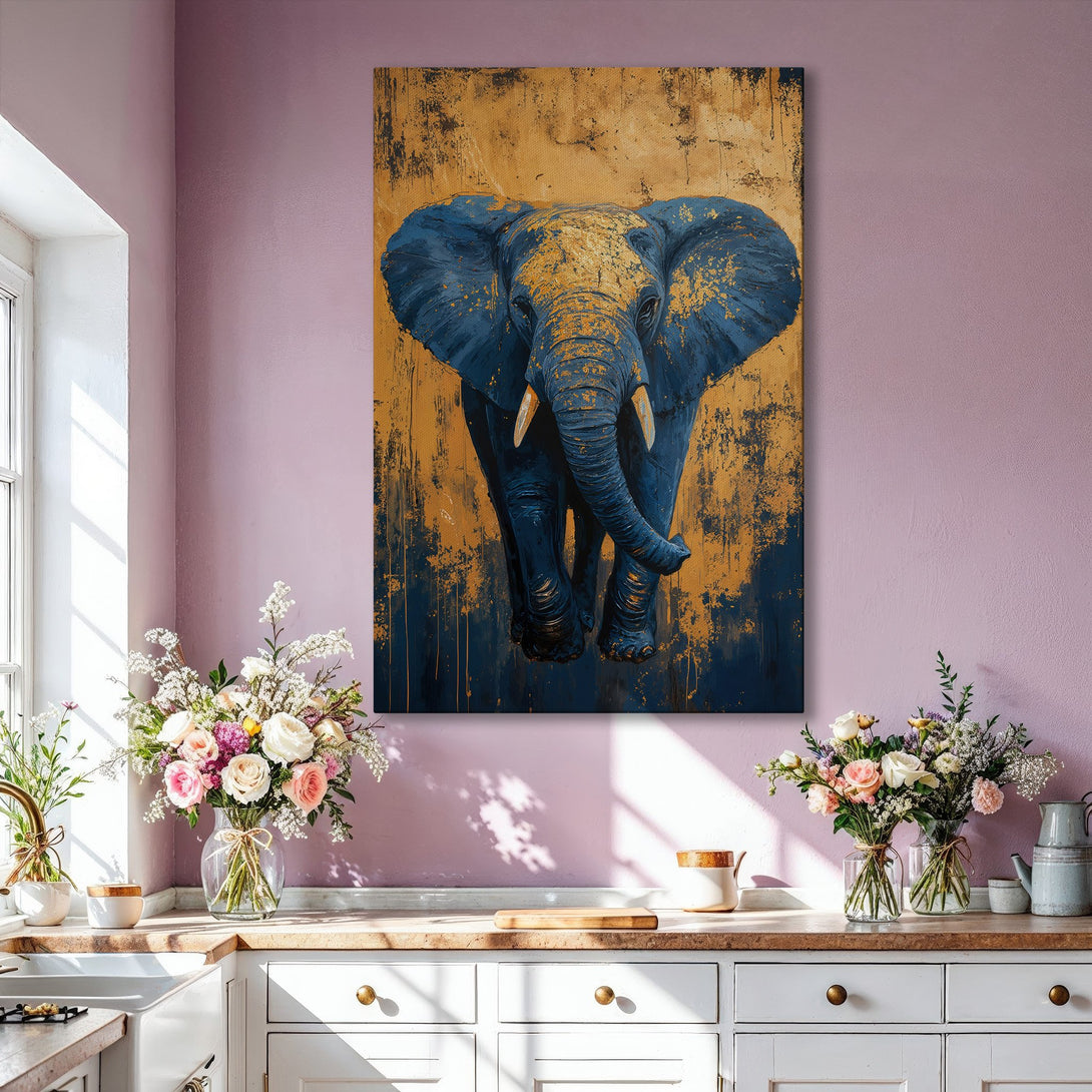Framed Wall Art: Majestic elephant art print in gold and navy blue. Modern abstract style, perfect for living room decor. Add a touch of elegance to your home!