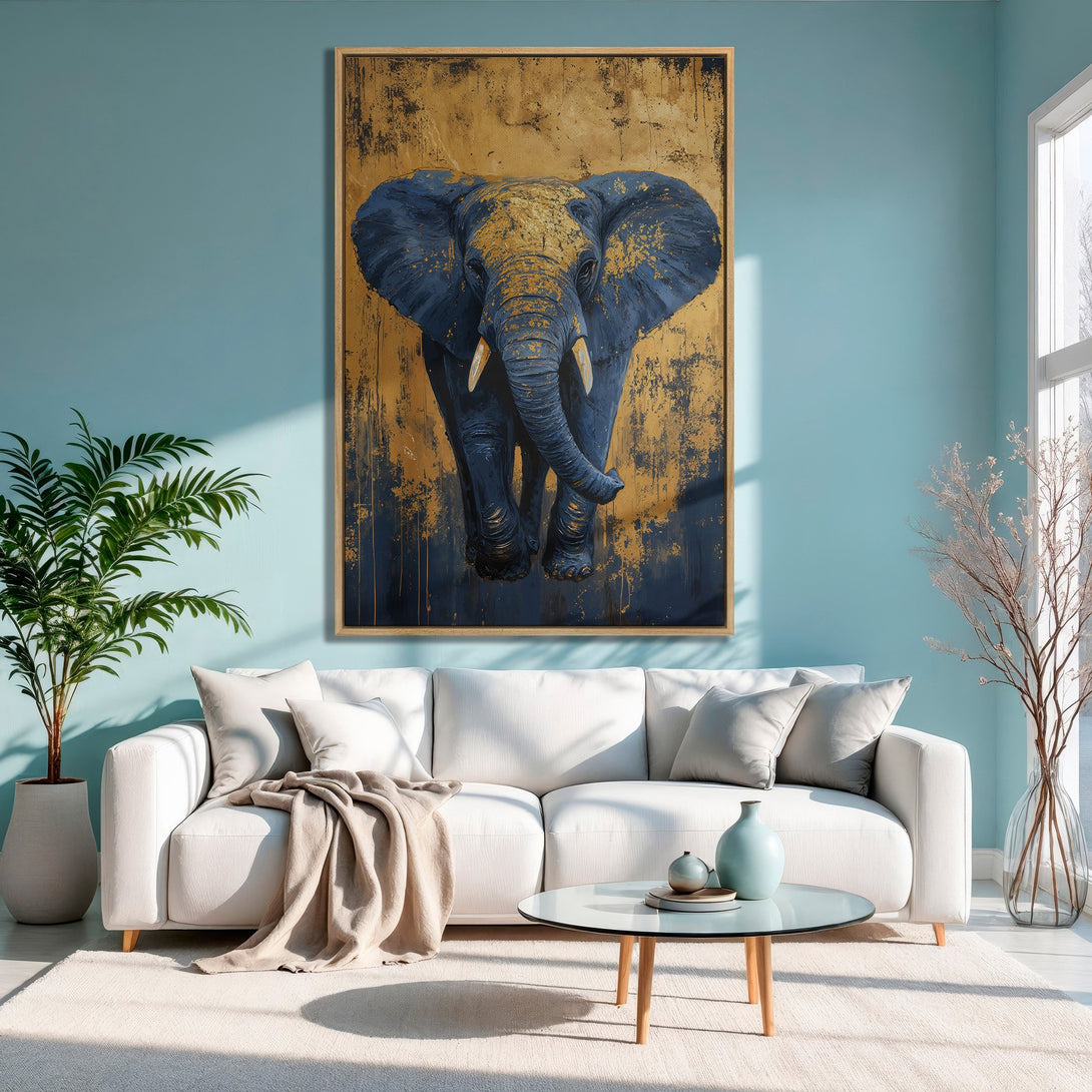 Framed Wall Art: Majestic elephant painting in gold and navy blue, adding a touch of modern elegance to any room.