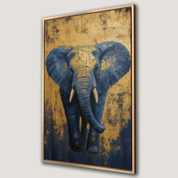 Framed Wall Art: Majestic elephant painting in gold and navy blue. Add a touch of luxury with this stunning canvas print.