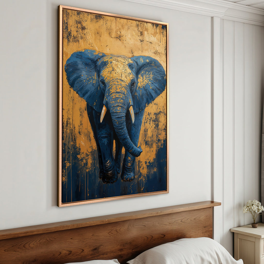 Framed Wall Art: Stunning blue and gold elephant painting. Abstract style canvas print adds a touch of modern art to your home decor. Shop now!