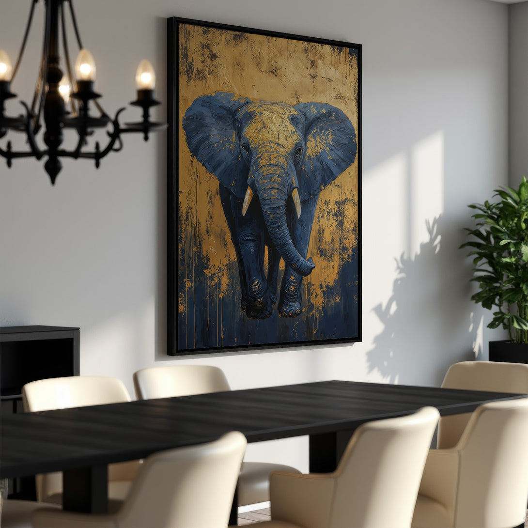 Framed Wall Art: Majestic elephant art print in blue and gold, adding a touch of luxury and style to any interior. Perfect for living rooms and dining areas.