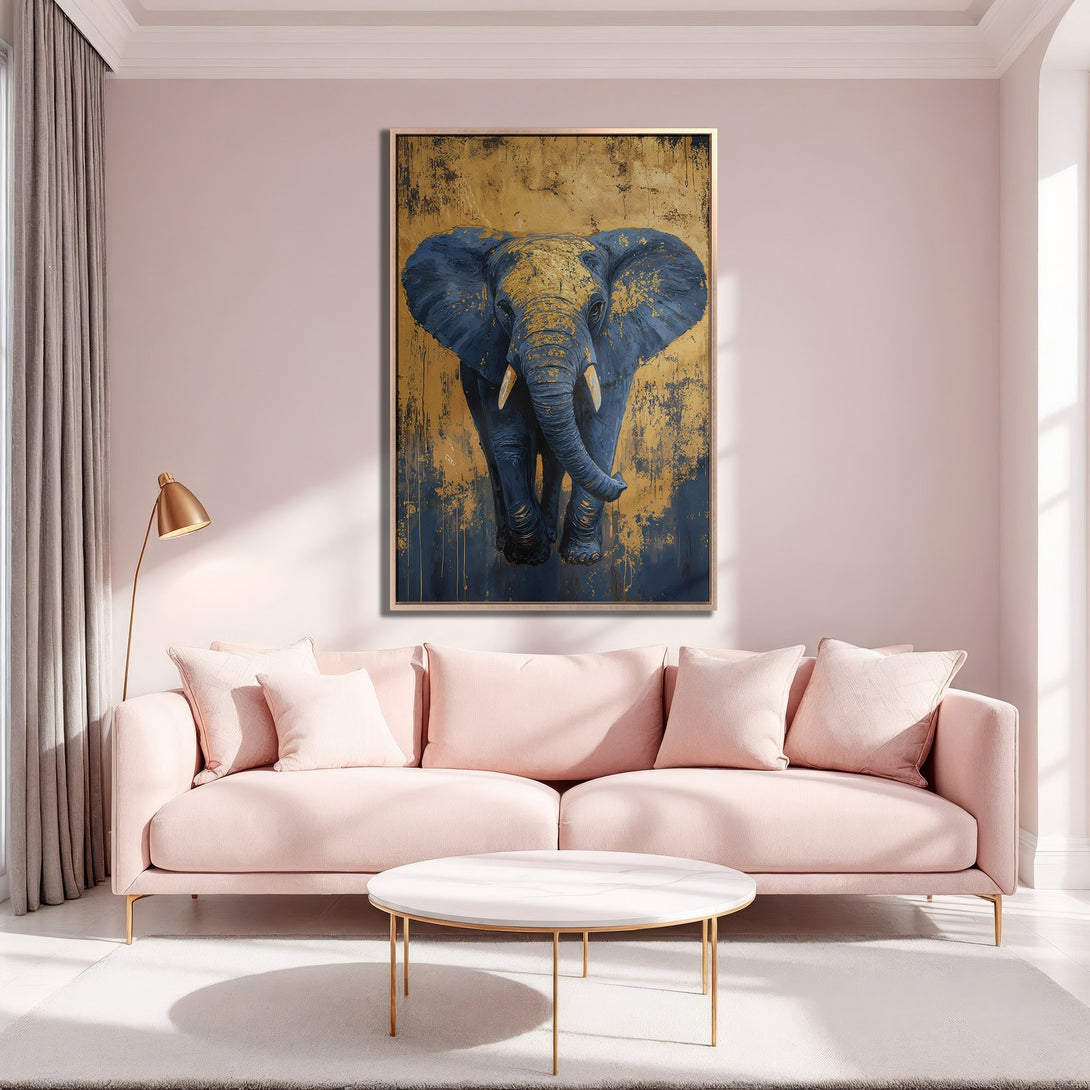Framed Wall Art featuring an elegant elephant painting in blue and gold, perfect for adding a touch of sophistication to your home decor.