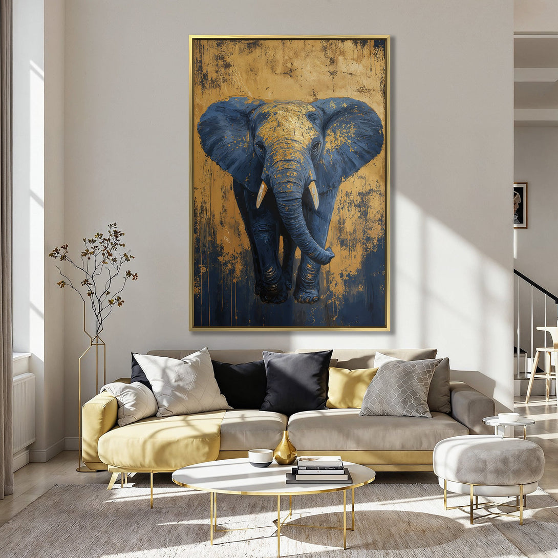 Canvas Print of an elegant elephant painting in blue and gold. Modern art style, perfect for adding a touch of sophistication to your home decor.