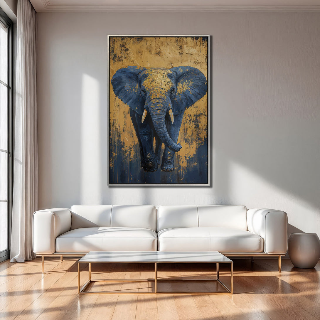 Framed Wall Art: Majestic elephant painting with gold and navy blue tones. Modern abstract style, perfect for living room decor.