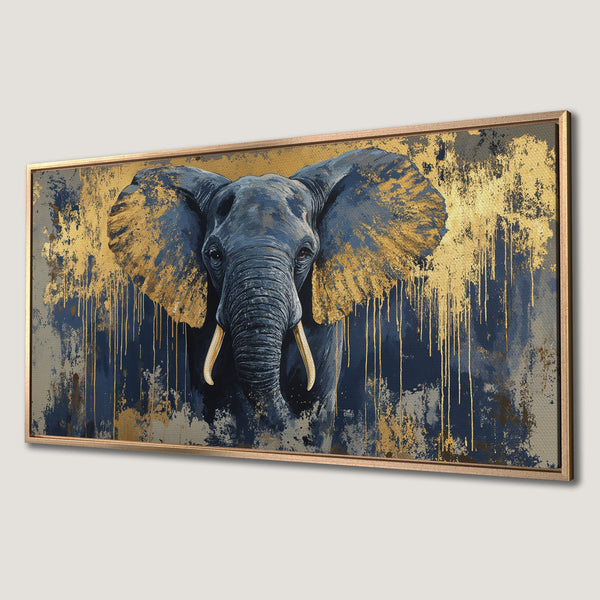Framed Wall Art: Majestic elephant portrait in a modern, abstract style. Navy, gold, and gray color palette. Elevate your space with this stunning canvas print.