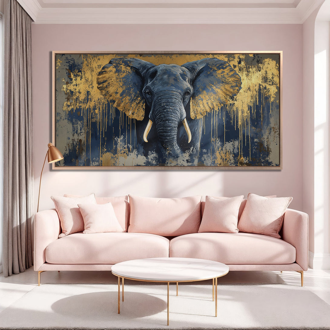 Framed Wall Art: Majestic elephant canvas print in gold and navy tones. Elevate your space with this stunning, modern artwork.