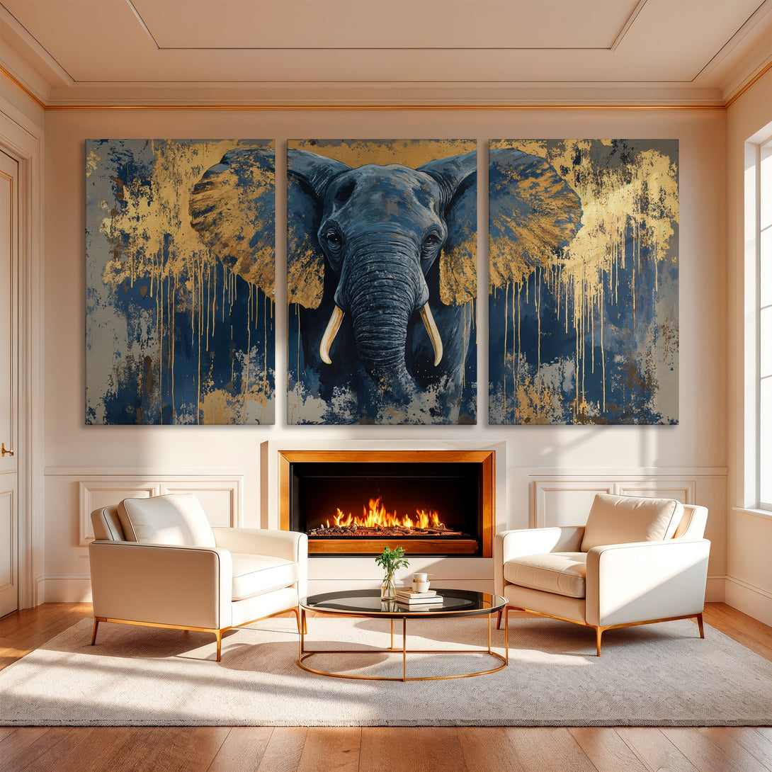 Abstract elephant Canvas Print in blue and gold. Stunning wall art adds a touch of luxury to any space. Shop now and elevate your decor!