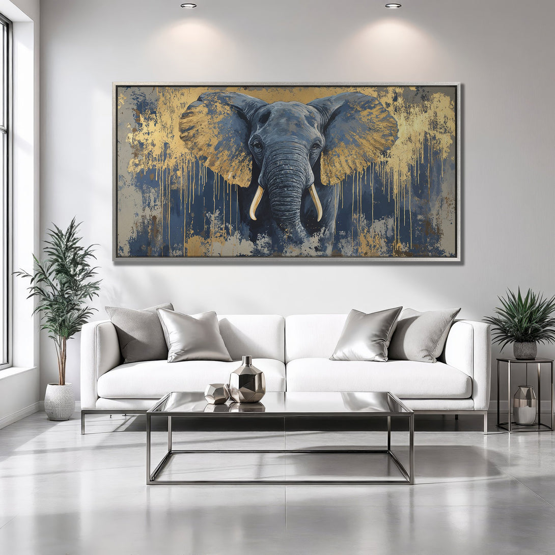 Framed Wall Art featuring an elephant in a modern, abstract style with gold and blue tones. Elevate your space with this stunning canvas print!