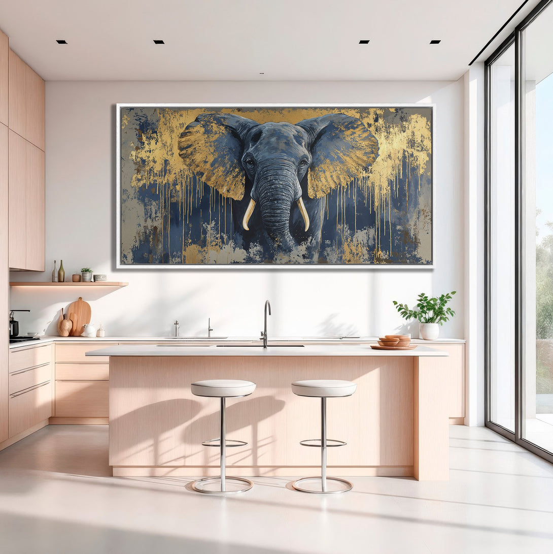 Framed Wall Art: Majestic elephant portrait in gold and navy blue, modern abstract style. Adds a touch of luxury to any space.