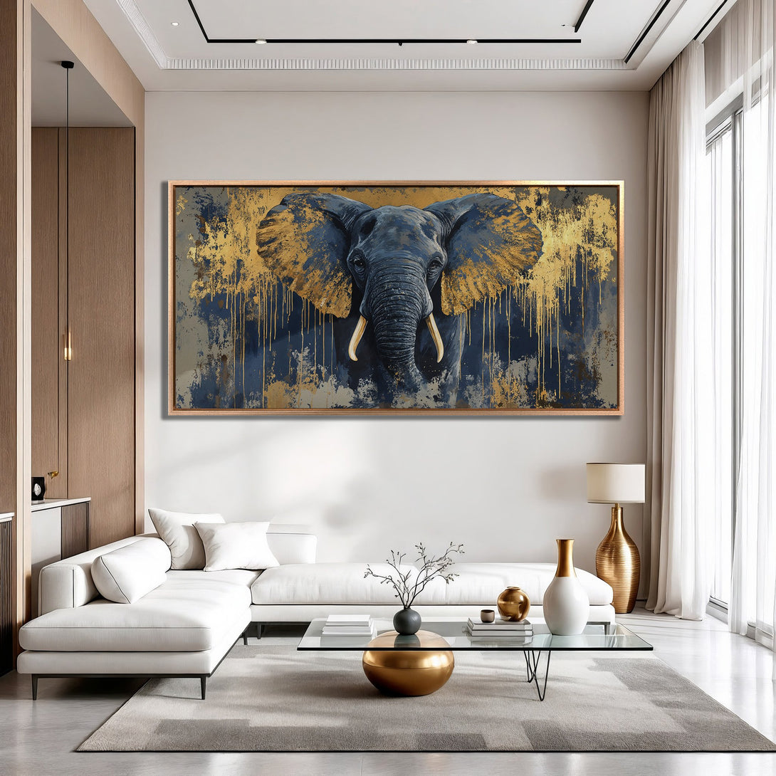 Framed Wall Art: Majestic elephant portrait in gold and navy blue abstract style. Adds a touch of luxury to any modern living room.