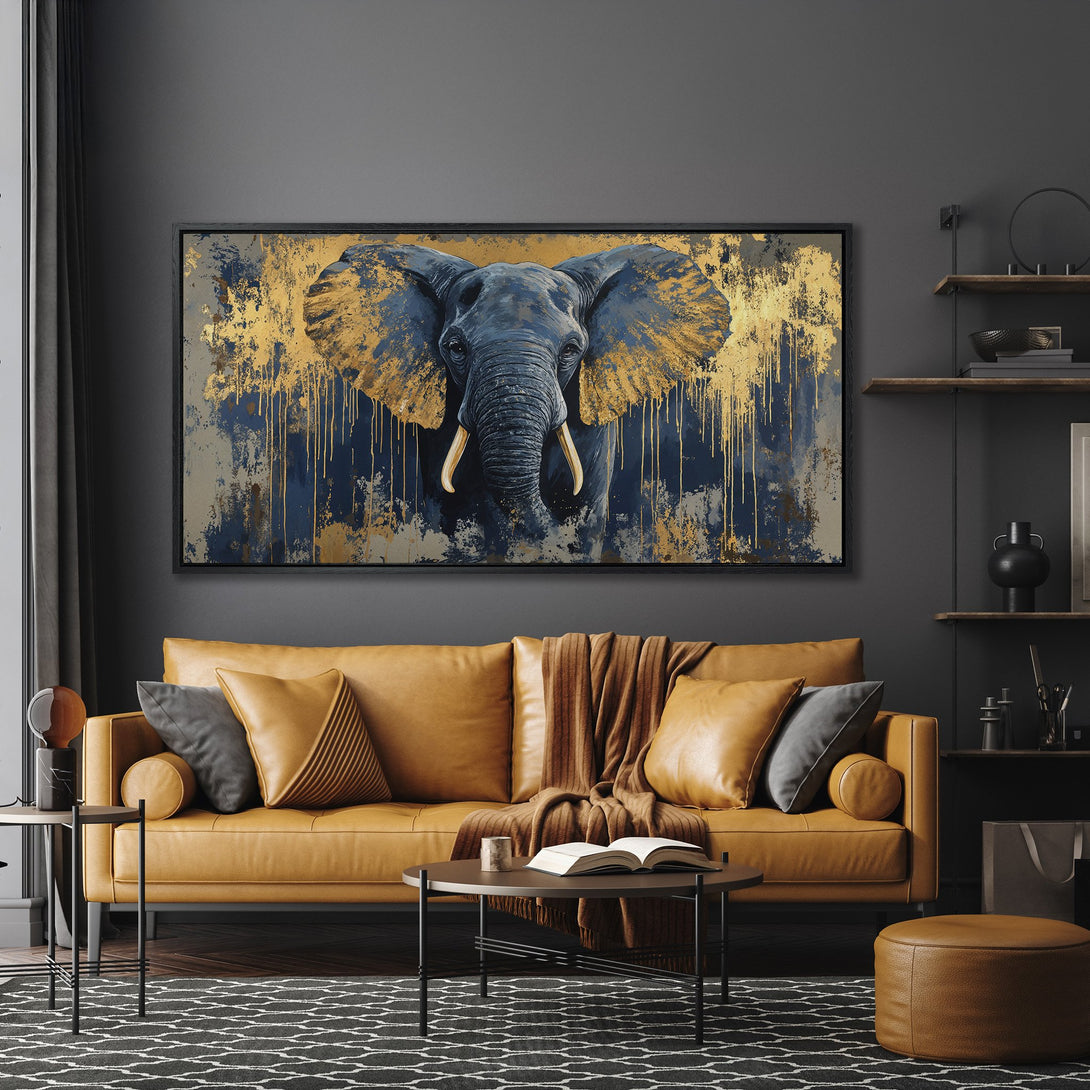 Framed Wall Art: Abstract elephant portrait canvas print in blue & gold. Modern art for living room decor, showcasing a luxurious interior design.