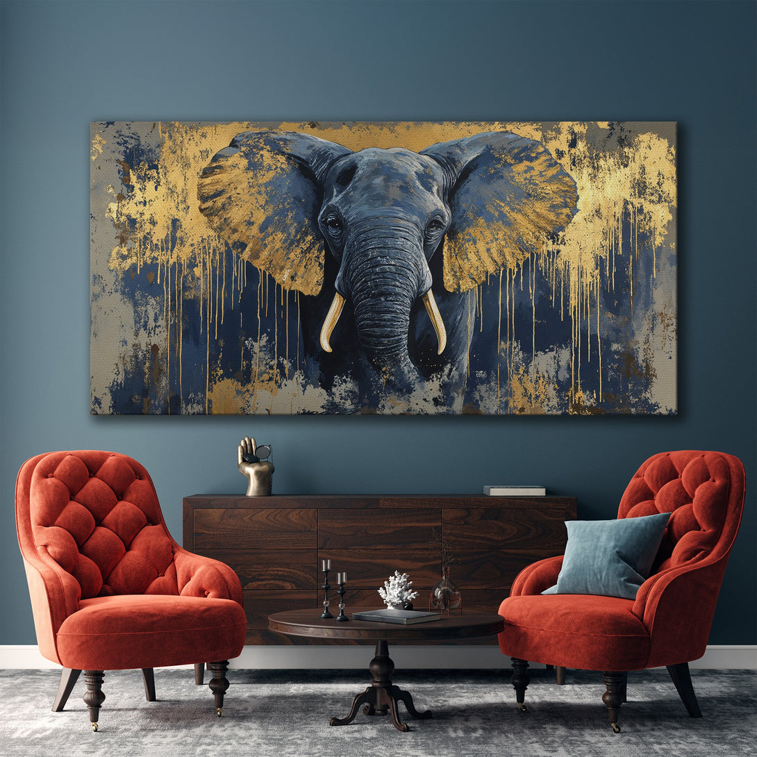 Framed Wall Art: Elegant elephant portrait in gold, blue, and grey tones. Modern canvas print adds a touch of luxury to any interior.