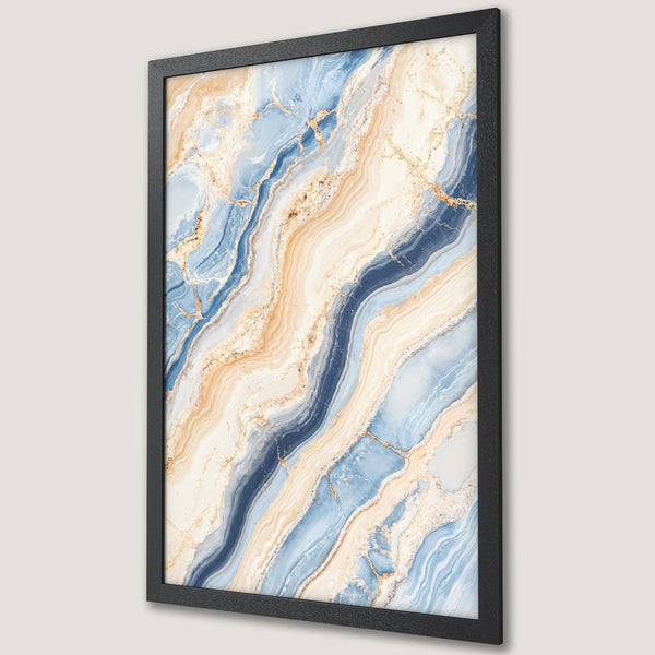 Framed Poster featuring abstract marble art in blue, beige, and gold tones. Perfect wall decor!