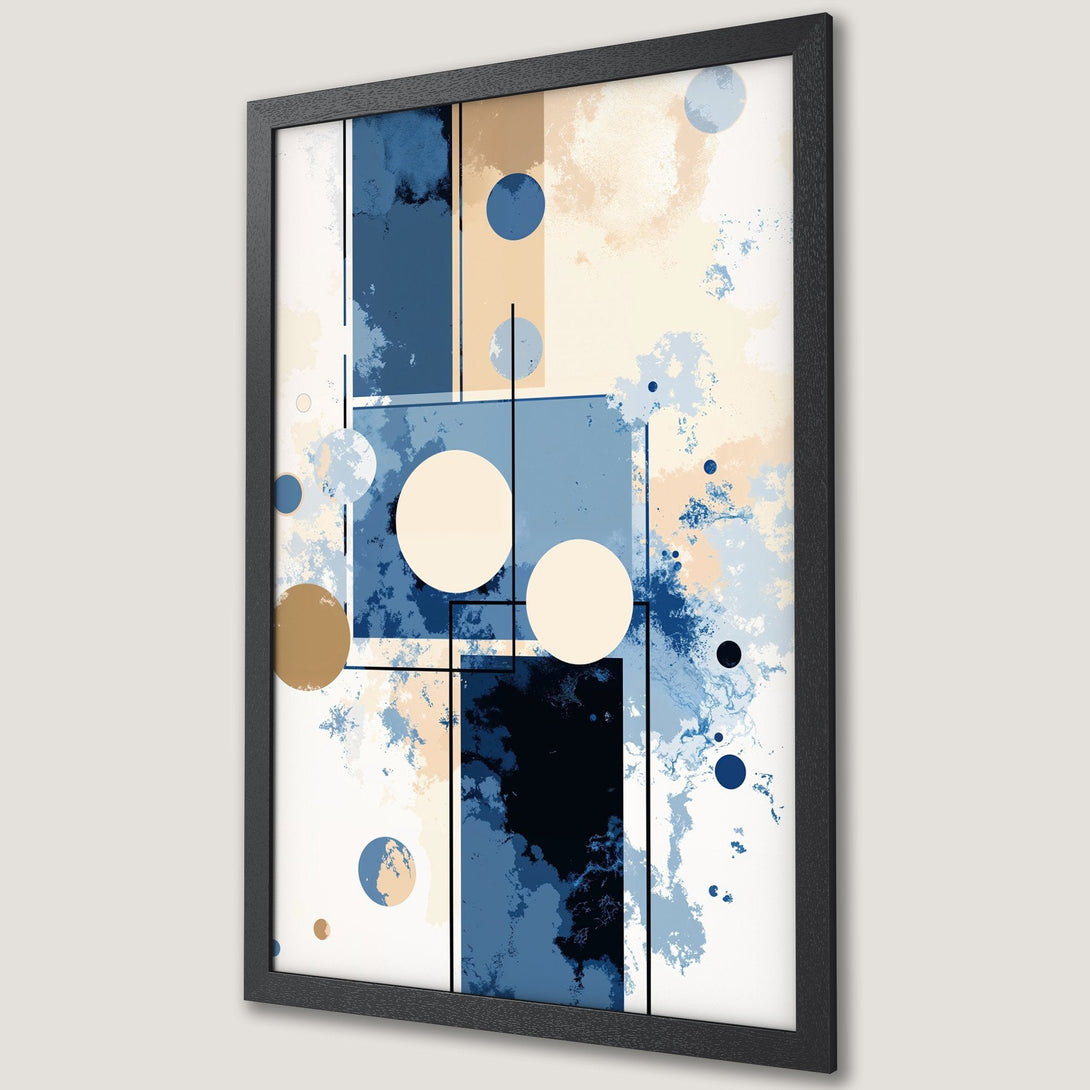 Framed Poster featuring abstract geometric art in blue, beige, and black. Modern style, perfect for home decor. Shop this art poster today!