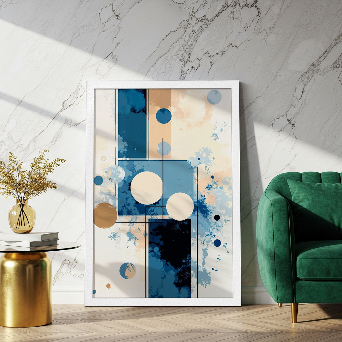 Framed Poster featuring abstract geometric art in blue, beige, and gold color palette. Modern art for your home!