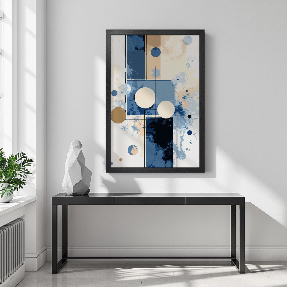 Framed Poster with abstract geometric art in blue, beige, and gold. Modern wall decor.