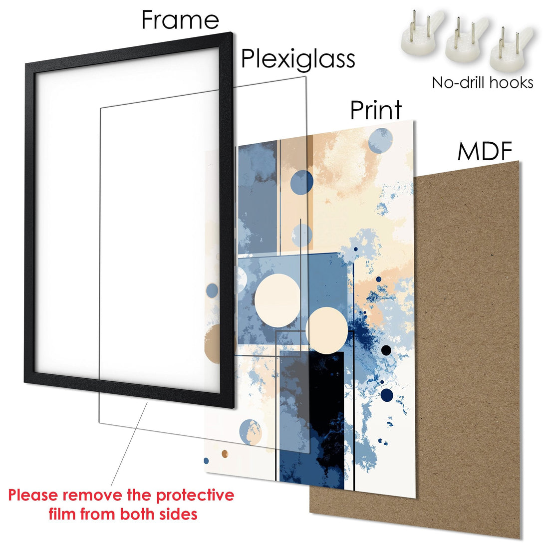 Framed Poster featuring abstract art in blue and beige tones. Modern wall decor for your home.