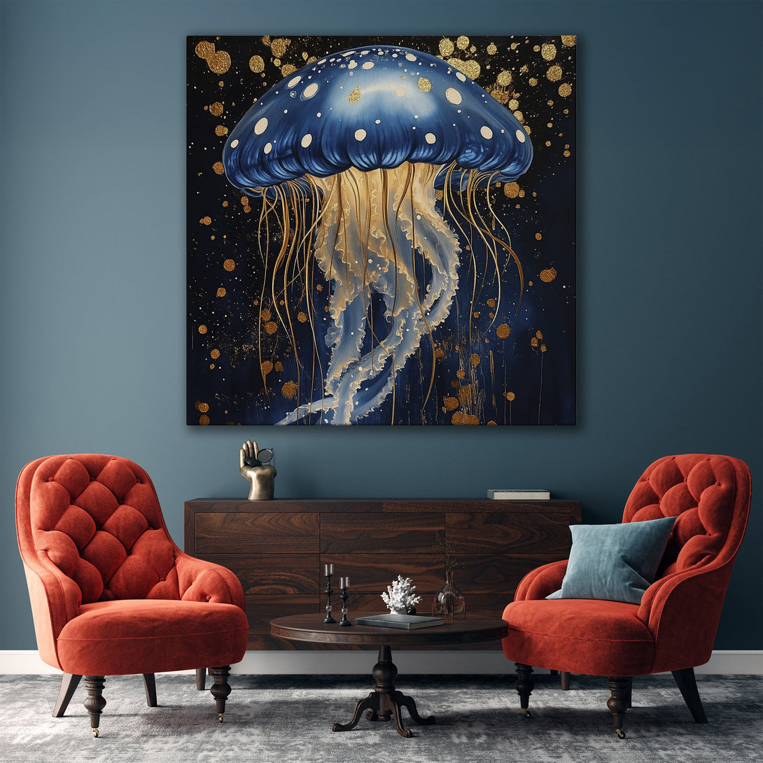 Framed Wall Art: Blue jellyfish painting with gold accents. Stunning abstract art in a modern interior, featuring a deep blue and gold color palette.