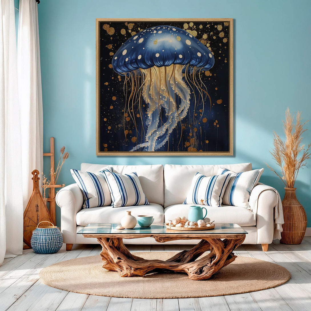 Framed Wall Art: Stunning blue jellyfish painting with gold accents. Coastal-inspired art in a modern living room, featuring a calming blue and gold palette.