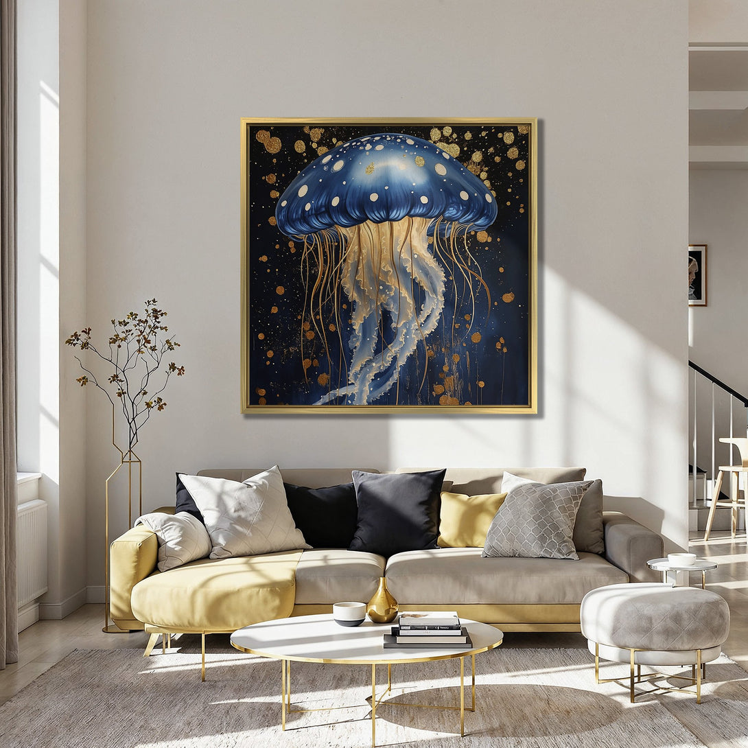 Canvas Print of a vibrant jellyfish art piece with blue and gold accents, displayed in a stylish interior.