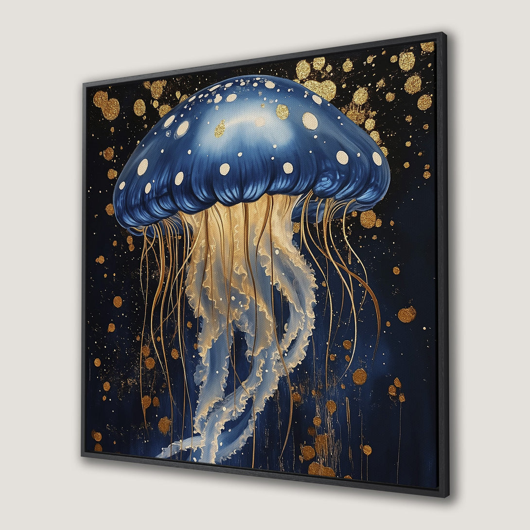 Framed Wall Art: Stunning blue jellyfish canvas print with gold accents on a dark background. Modern art for a stylish home.