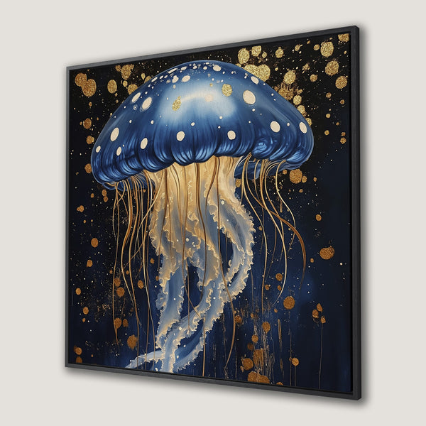 Framed Wall Art: Stunning blue jellyfish canvas print with gold accents on a dark background. Modern art for a stylish home.