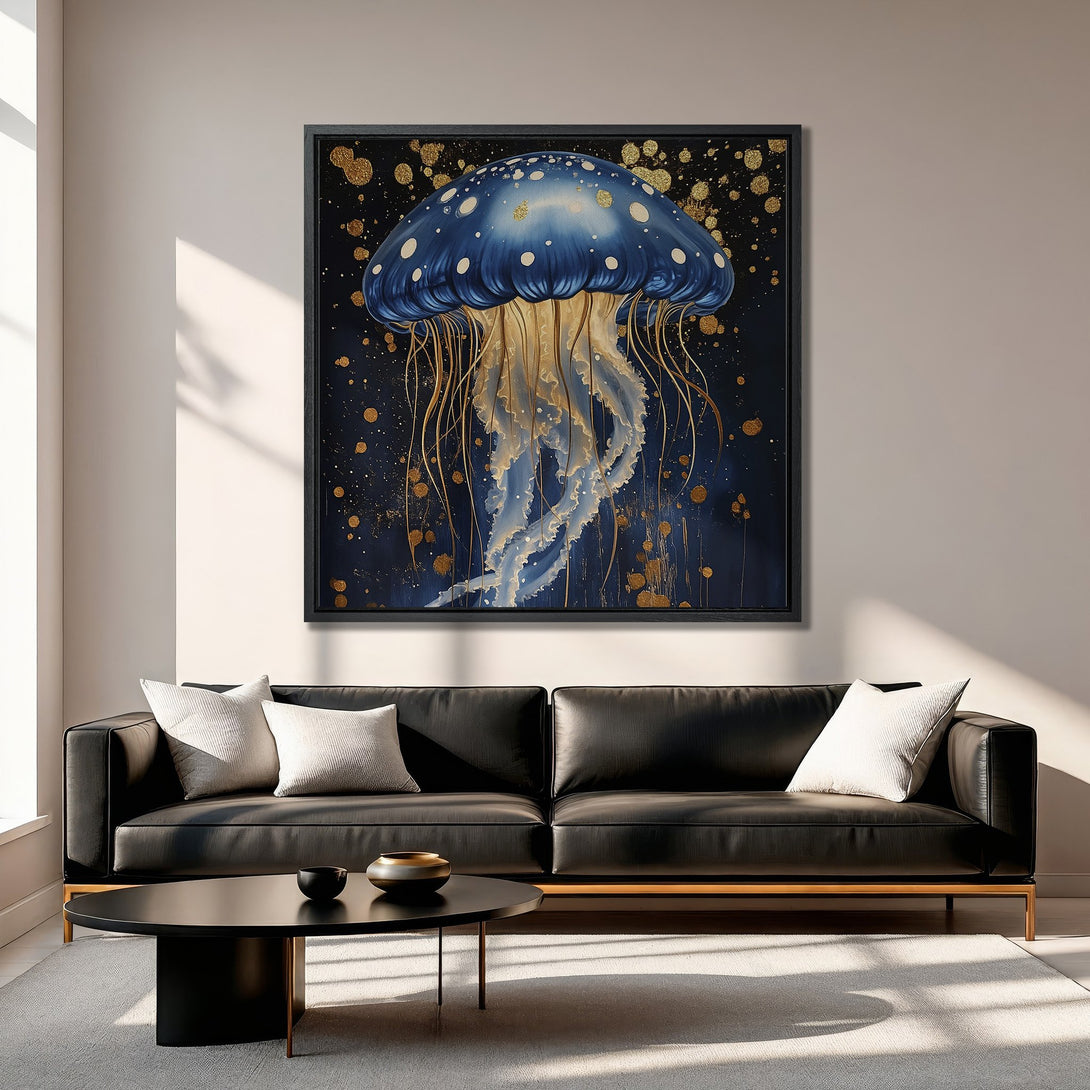 Framed Wall Art: Blue jellyfish art print with gold accents. Modern abstract style with a deep blue and gold color palette. Perfect for living room decor.