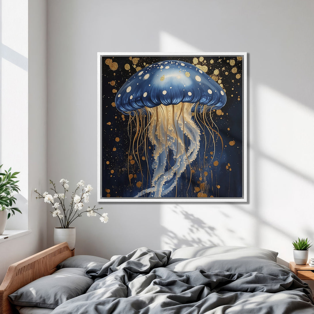Framed Wall Art: Stunning blue jellyfish painting with gold accents. Perfect for bedroom decor, featuring a calming blue and gold color palette.