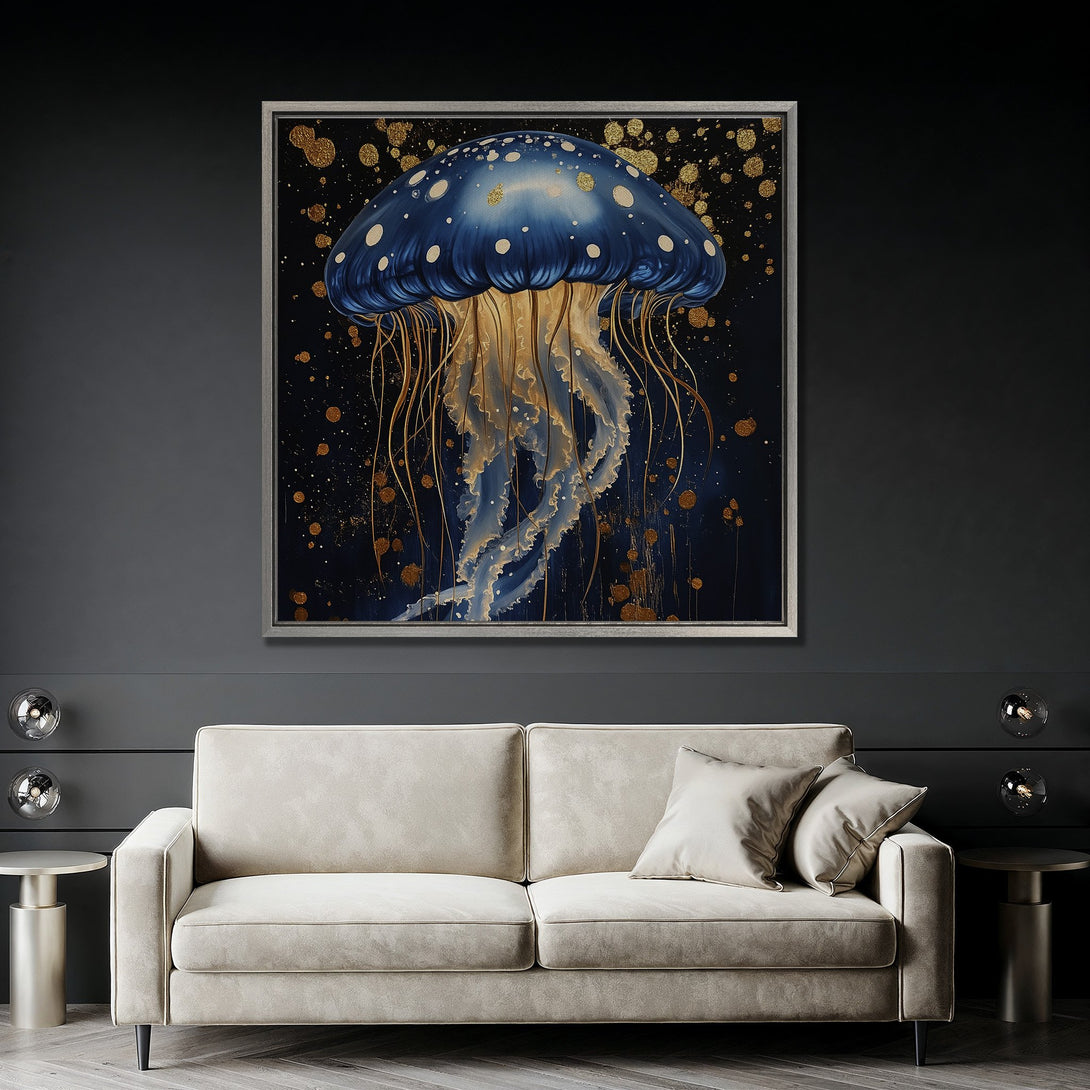 Framed Wall Art: Blue jellyfish art print with gold accents, displayed in a modern living room. Dark blue and gold color palette, perfect for home decor.