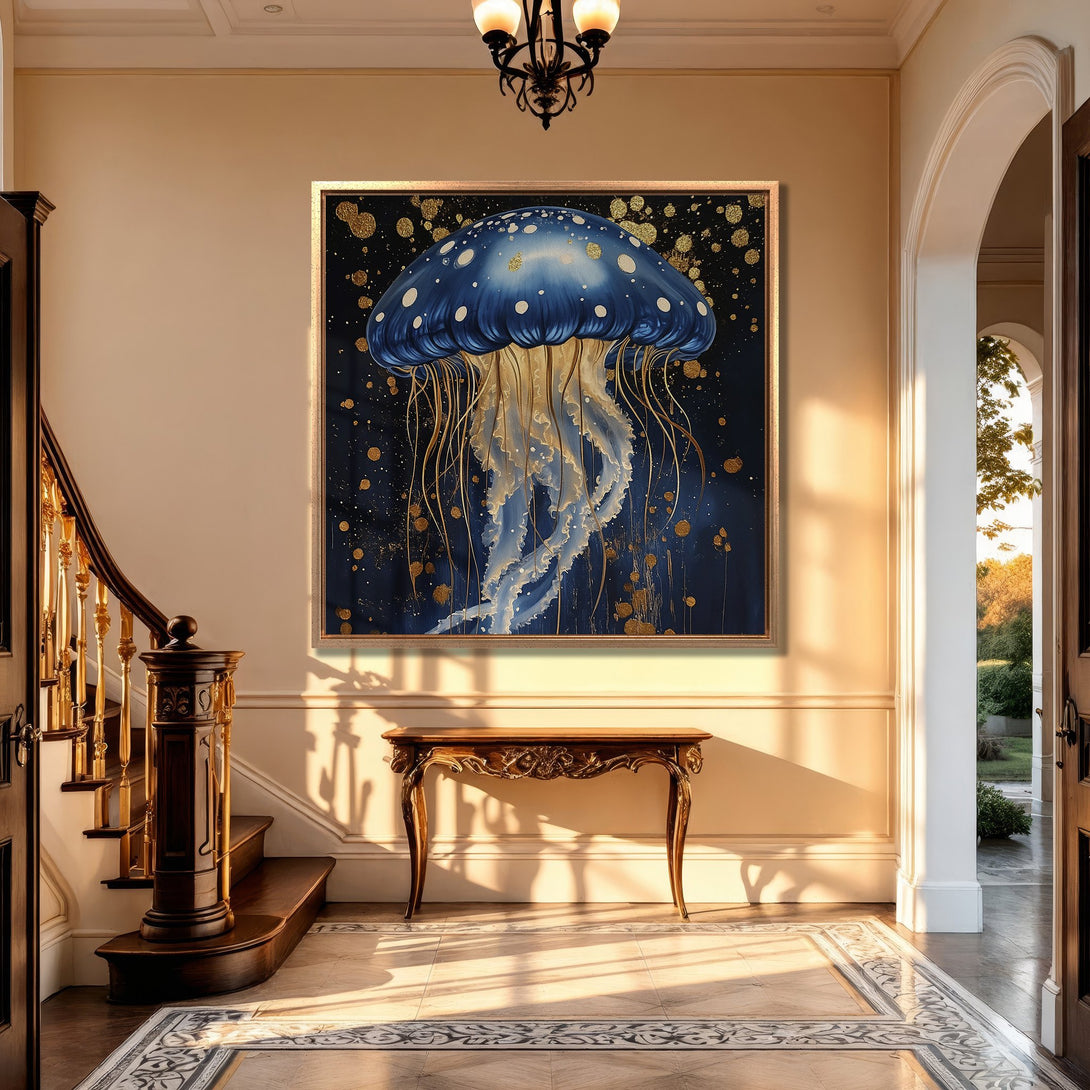 Framed Wall Art: Blue jellyfish painting in a luxury interior. Modern art with gold accents, creating an elegant and calming atmosphere.