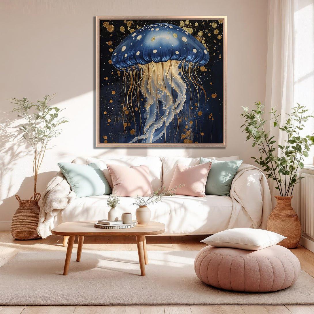 Framed Wall Art: Blue jellyfish painting with gold accents. Modern art in a living room with a soft, neutral color palette.