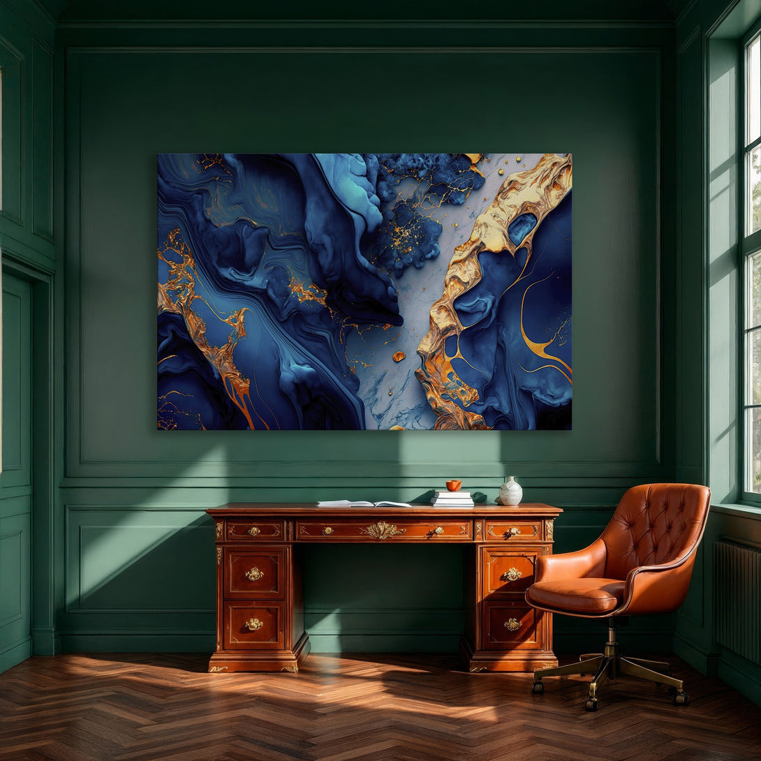 Framed Wall Art: Abstract blue and gold canvas print. Modern art piece in a dining room, featuring a luxurious color palette.