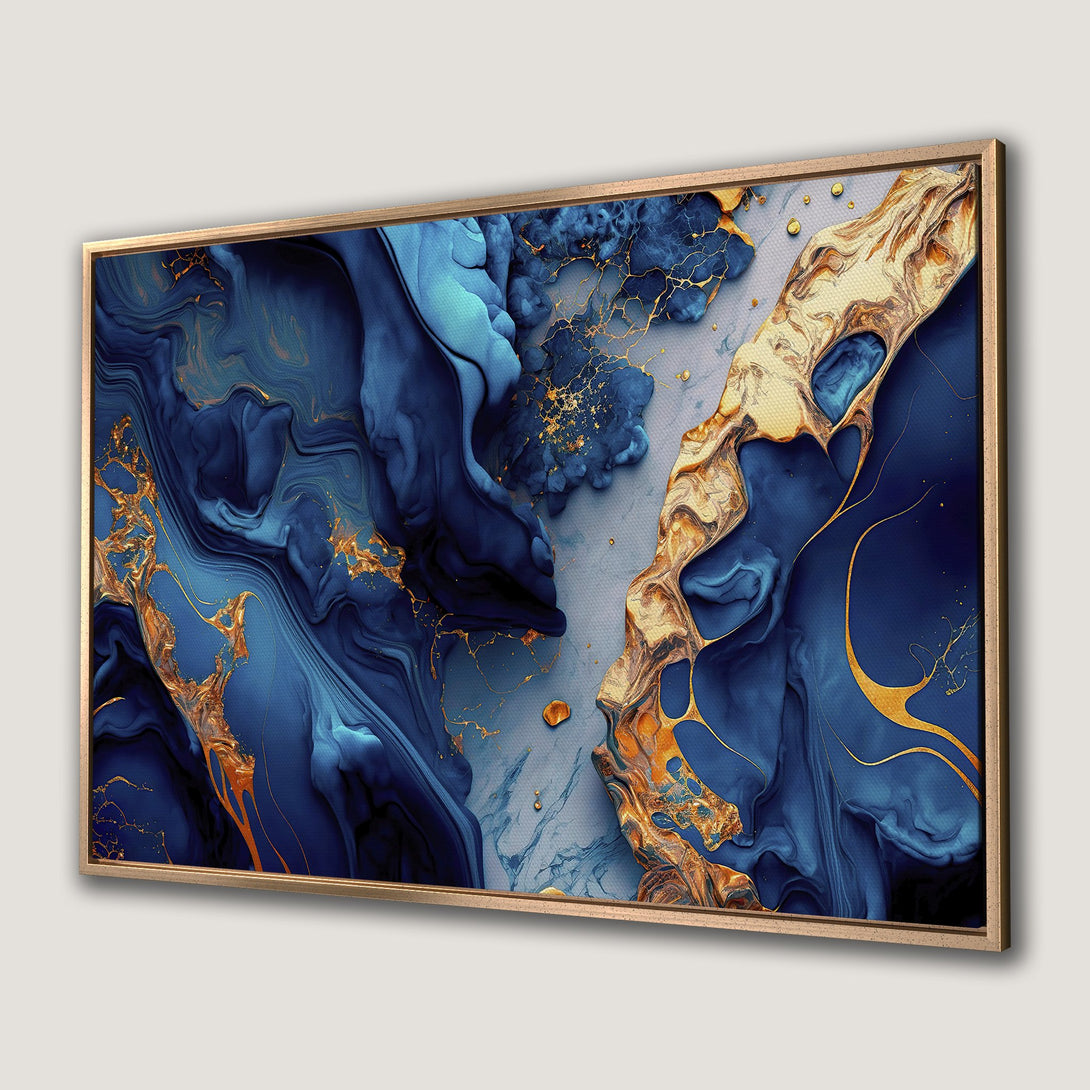 Framed Wall Art featuring an abstract blue and gold design. Modern canvas print with a luxurious, flowing style and rich color palette.