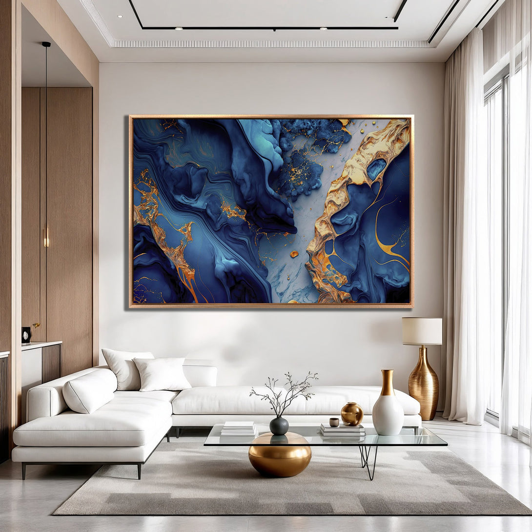 Framed Wall Art: Abstract blue & gold canvas print adds luxury to any space. Modern art with a rich, flowing design. Elevate your home decor today!