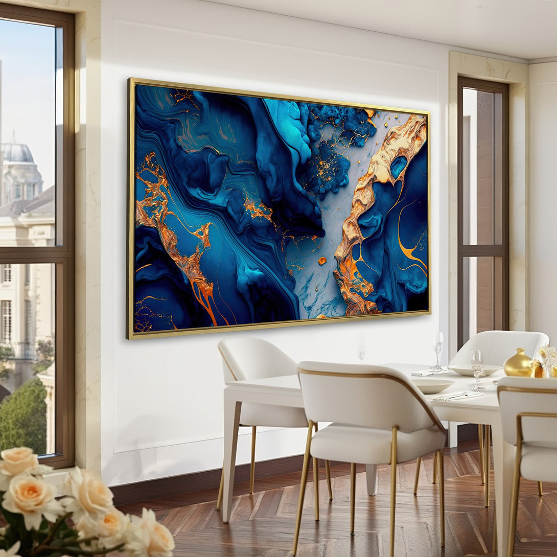 Abstract Canvas Print art in a luxurious interior, featuring a blue and gold color palette. Enhance your space with this stunning wall art!