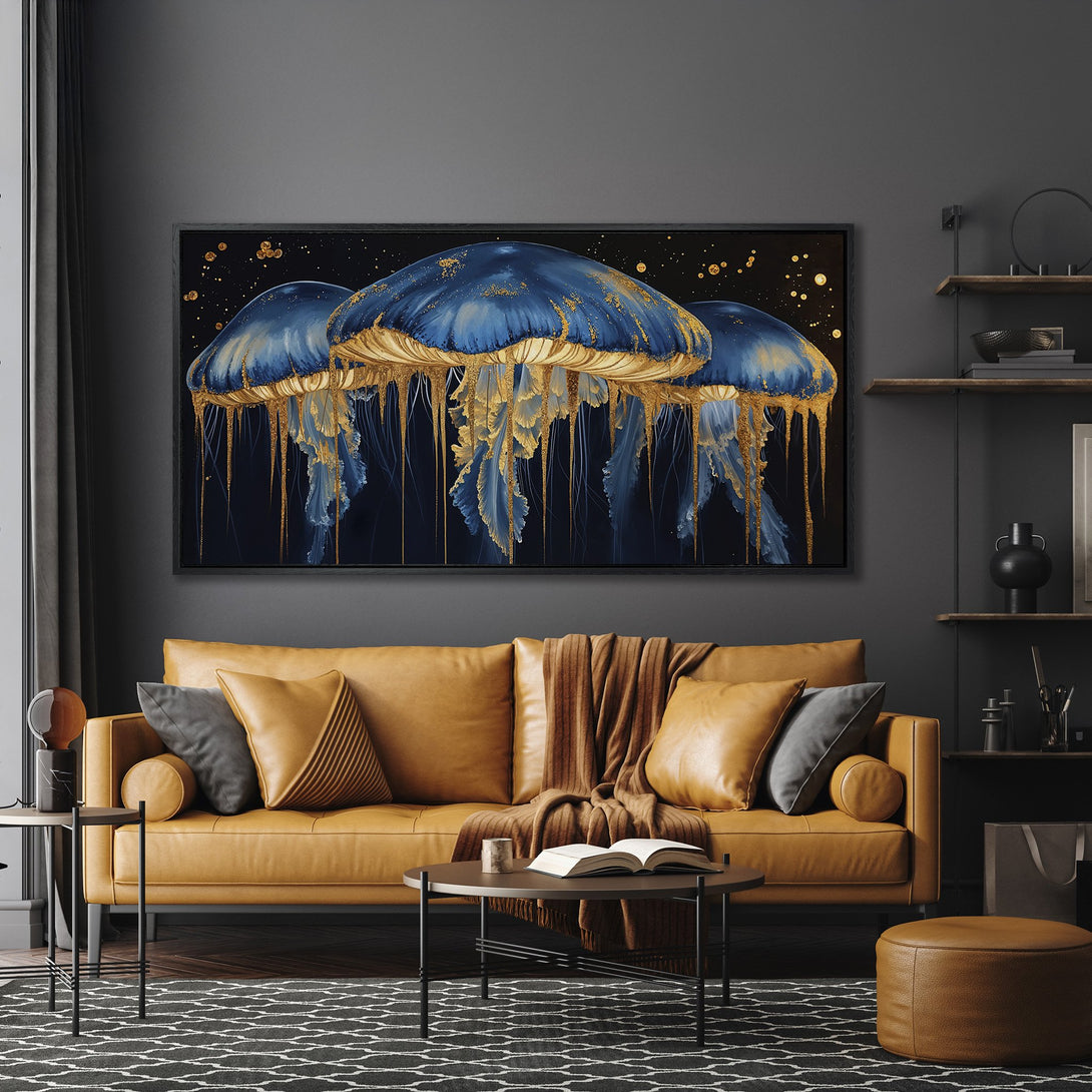 Framed Wall Art: Stunning blue and gold jellyfish canvas print in a modern living room. Adds a touch of elegance with its dark, moody palette.