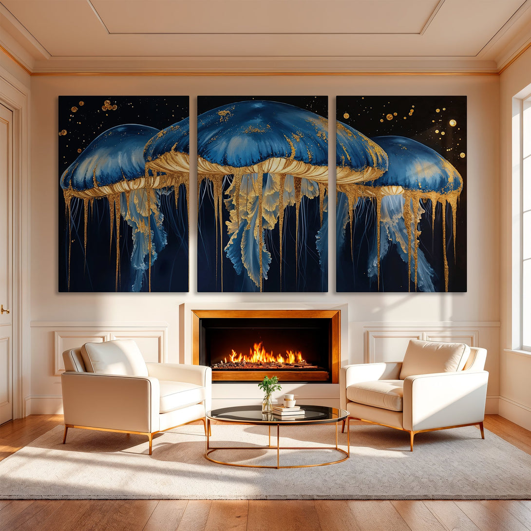 Canvas Print of jellyfish art in blue and gold, modern style, displayed above a fireplace in a luxurious interior.