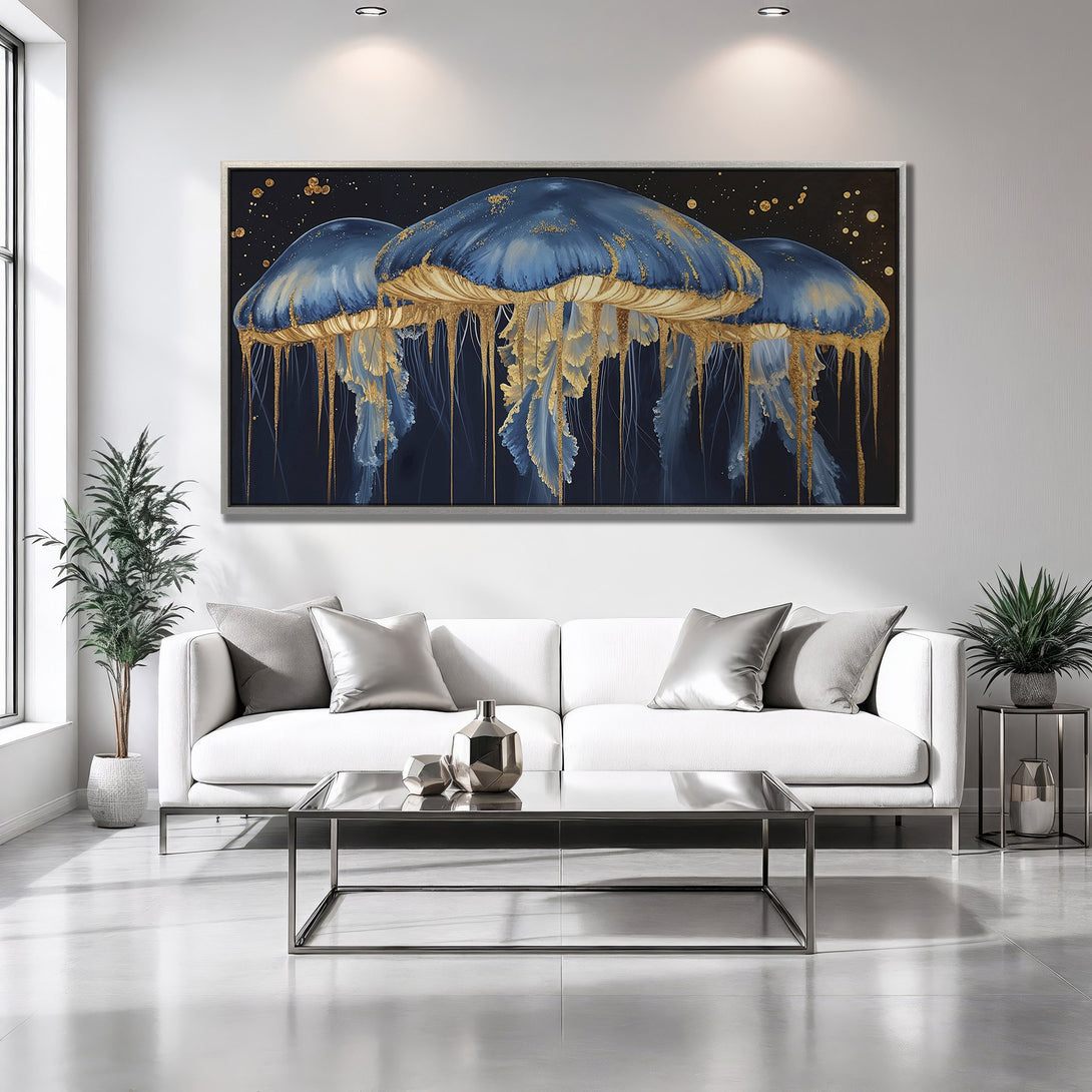 Framed Wall Art: Abstract jellyfish painting in blue & gold hues. Modern art for living room decor. Elevate your space with this stunning canvas print.