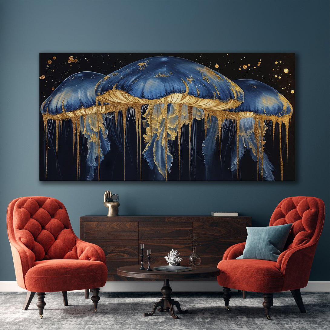 Framed Wall Art: Stunning blue and gold jellyfish painting. Modern, abstract style with a dark, luxurious color palette. Elevate your home decor!