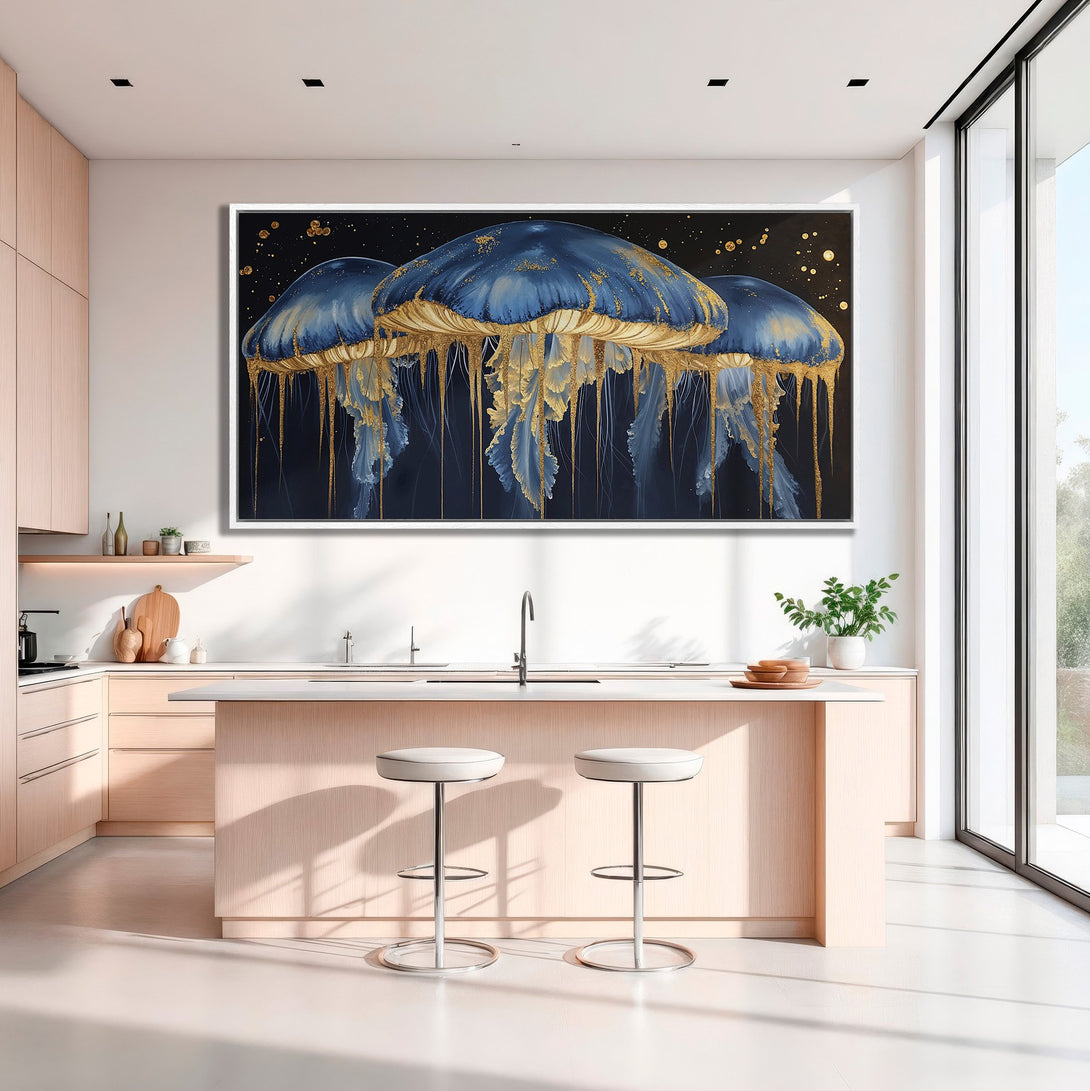 Framed Wall Art: Stunning blue & gold jellyfish canvas print. Modern art for your home. Adds a touch of elegance to any space. Shop now!