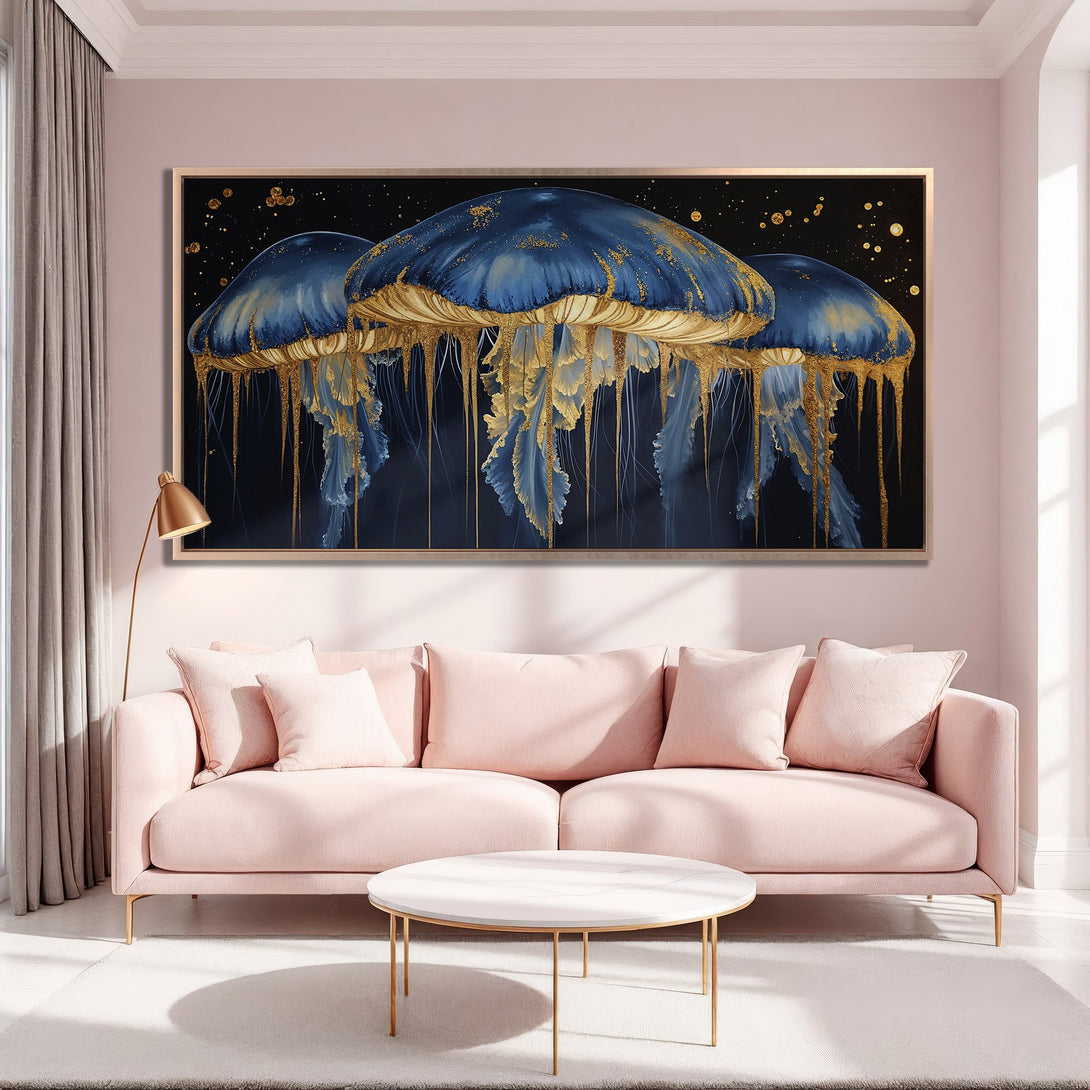 Framed Wall Art: Stunning blue & gold jellyfish art print in a luxurious interior. Modern abstract style, perfect for adding elegance to your space.