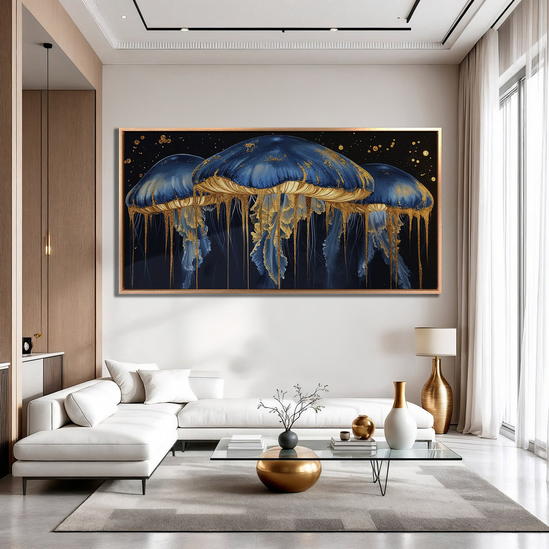 Framed Wall Art: Luxurious blue & gold jellyfish canvas print. Modern art for living room decor. Elegant color palette with dark blues and gold accents.