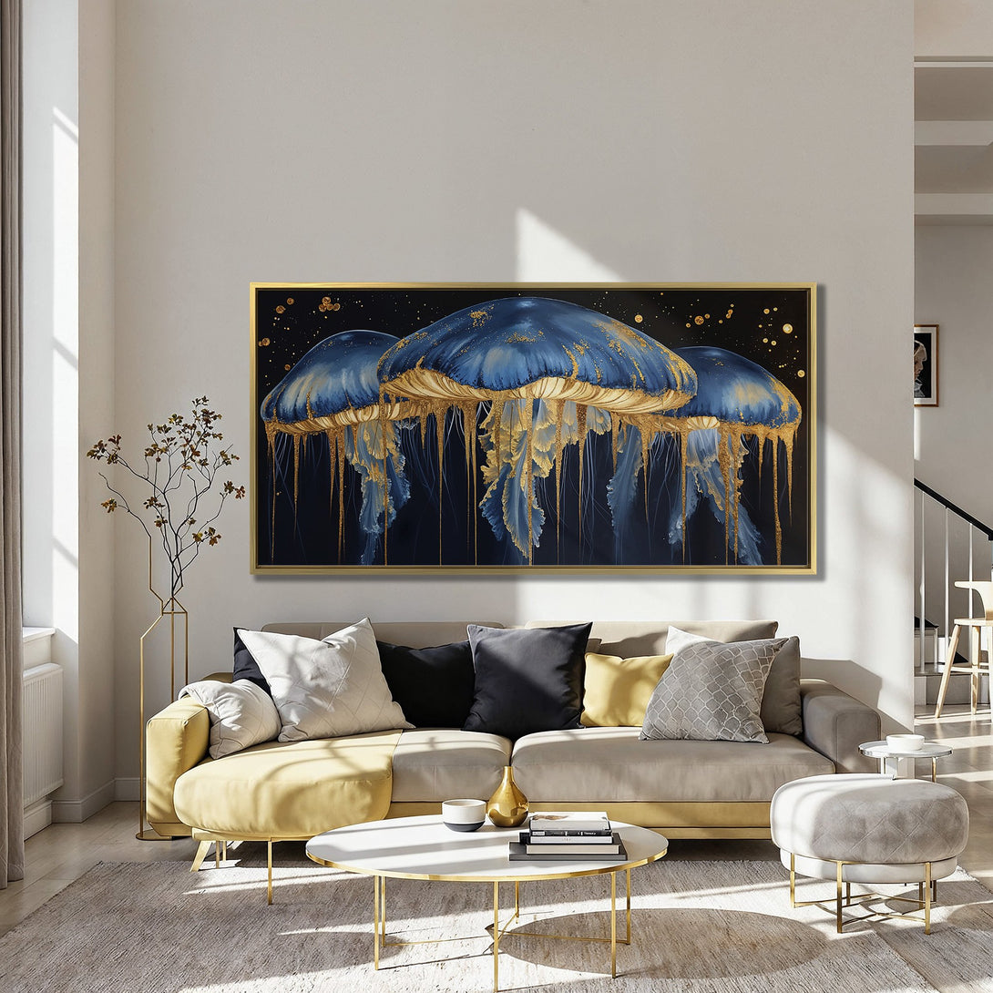 Canvas Print featuring elegant jellyfish art in blue and gold tones, adding a touch of luxury to any interior.