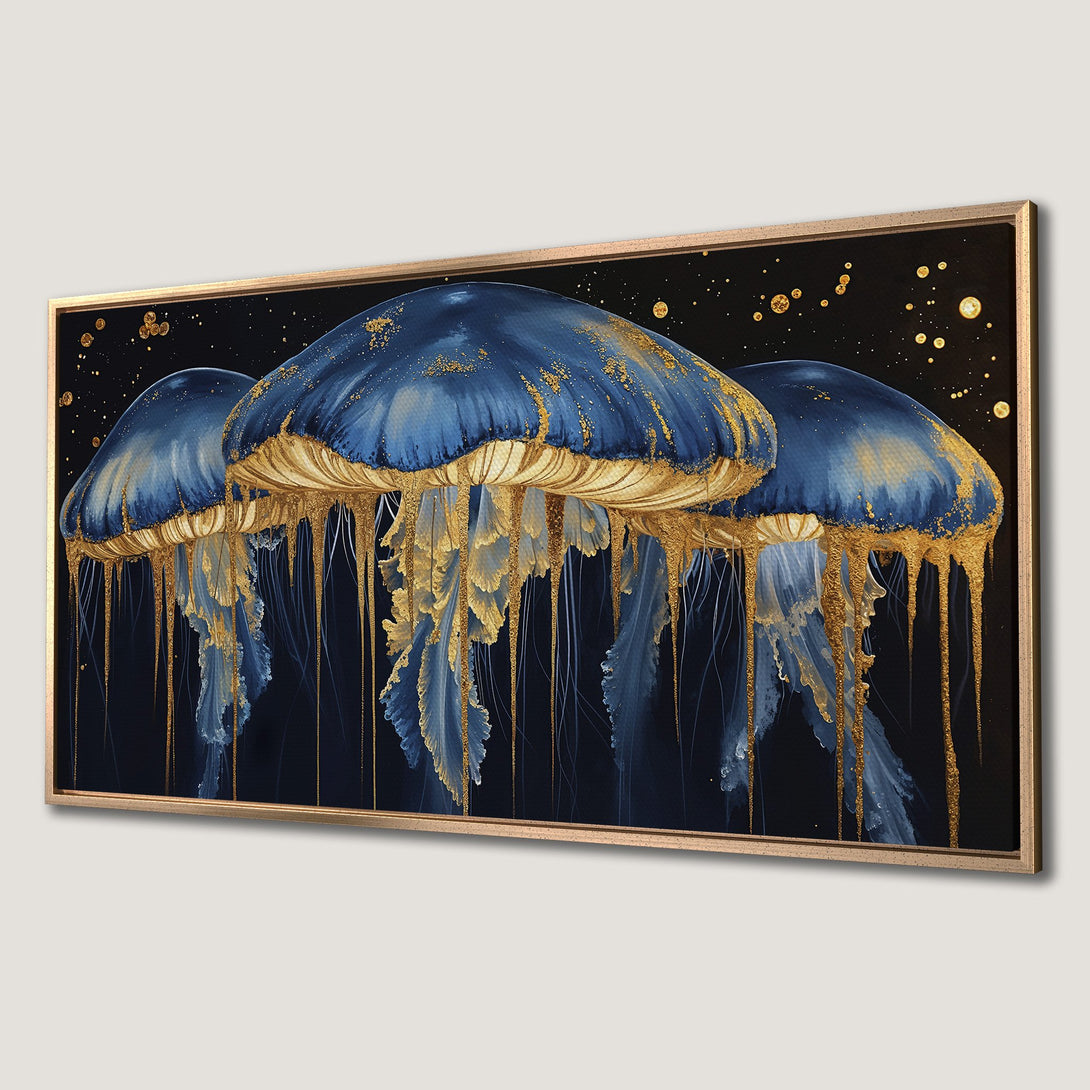 Framed Wall Art featuring elegant jellyfish in blue and gold against a dark background. Stunning abstract art for your home decor.