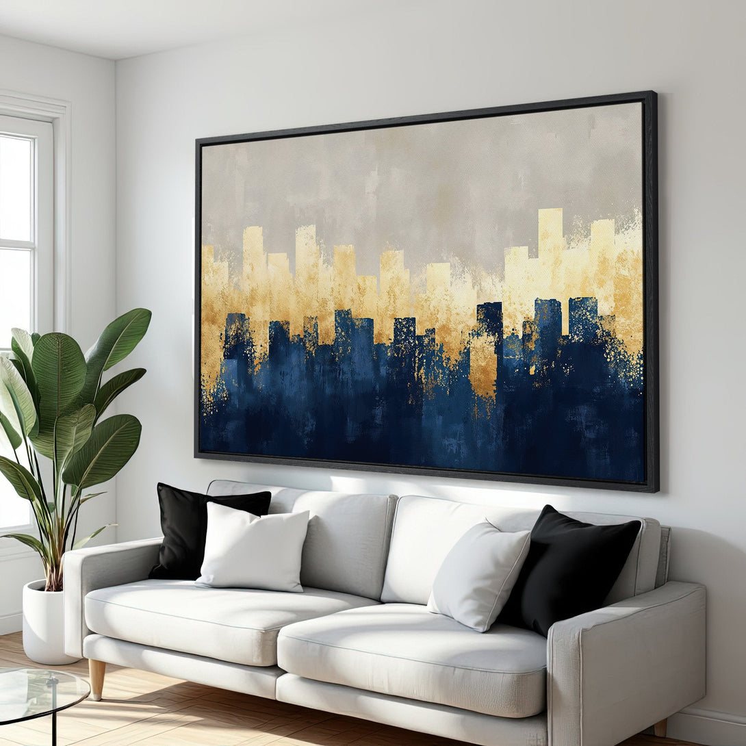 Framed Wall Art of an abstract city skyline in blue and gold. Modern canvas print perfect for living room decor.