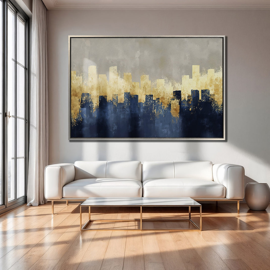 Framed Wall Art: Abstract cityscape canvas print in gold, navy, and gray tones. Modern art for living room decor.