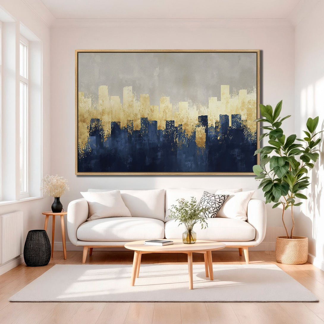 Framed Wall Art: Abstract cityscape Canvas Print in gold, navy, and gray. Modern art for living room decor. Enhance your space with stylish art.
