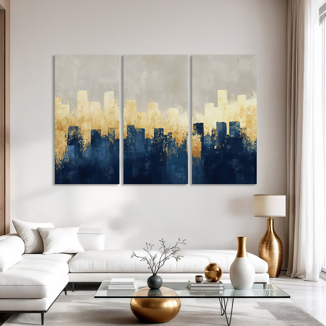 Abstract cityscape Canvas Print in blue, gold, and gray. Modern art for living room decor.