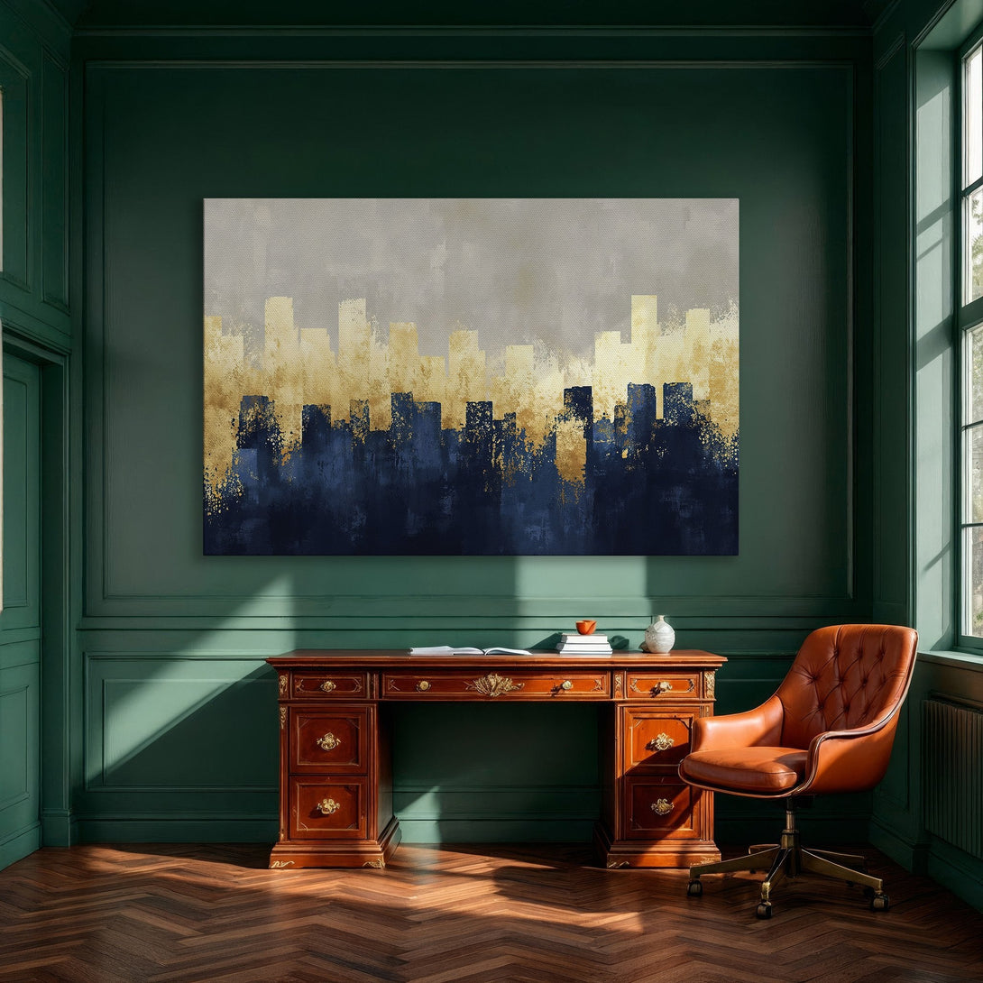 Framed Wall Art: Abstract cityscape in gold and navy blue. Modern art canvas print adds elegance to any dining room.