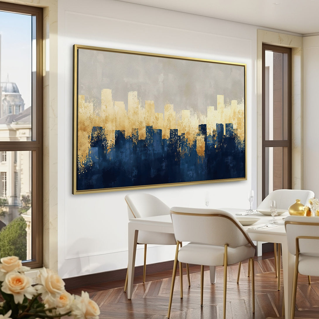 Abstract cityscape Canvas Print in gold and navy blue, perfect for a sophisticated home office. Adds a touch of elegance.